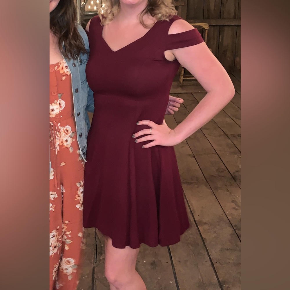 Open shoulder maroon dress
